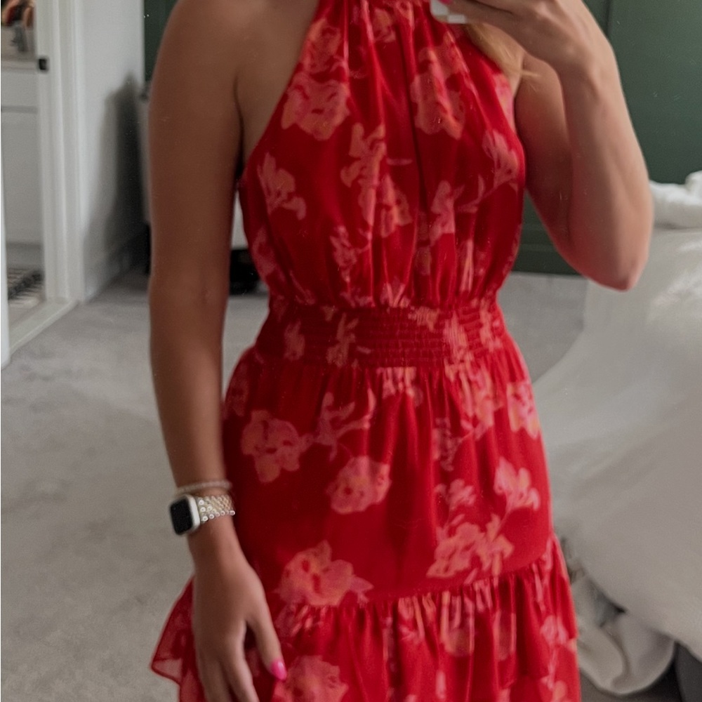 Floral Halter Neck Red Dress